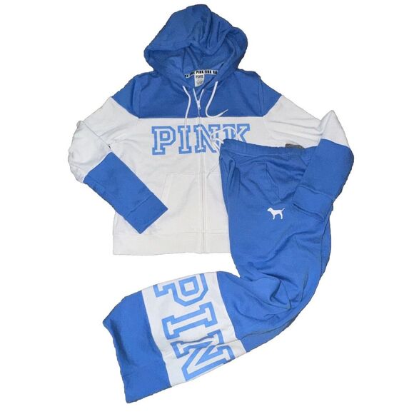 Victoria's Secret Pink Blue And White Everyday‎ Lounge Outfit Set Wide Leg M/L - Picture 1 of 7